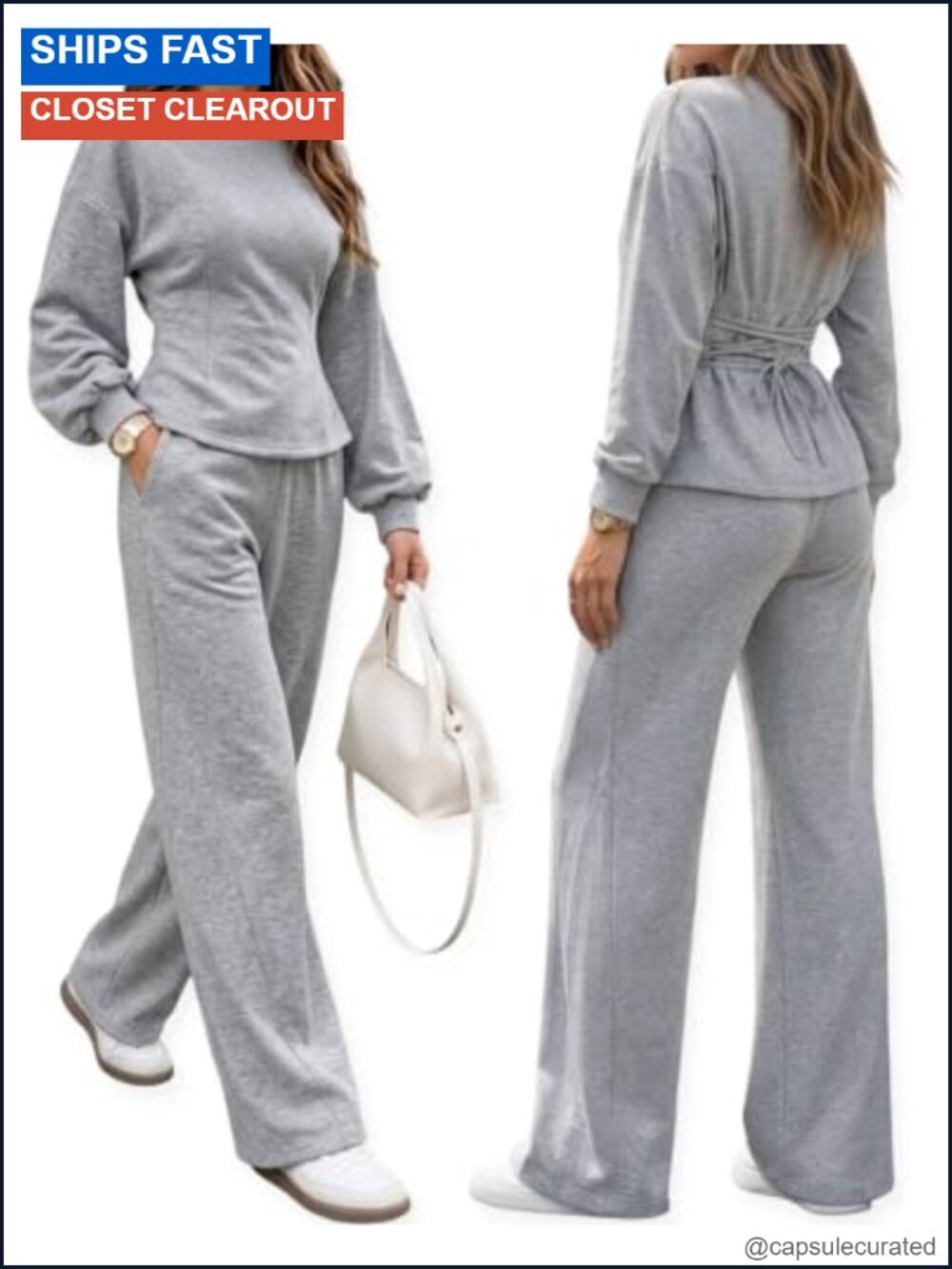 Women's 2-Piece Sweatsuit Set Long Sleeve Lace-Up Pullover Wide Leg Pants Lounge